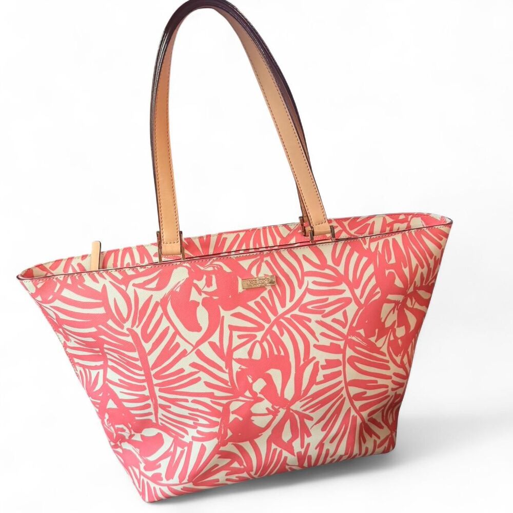 Kate Spade New York Jules Grant Street Tropical Palm Print Tote Bag Pink Beach